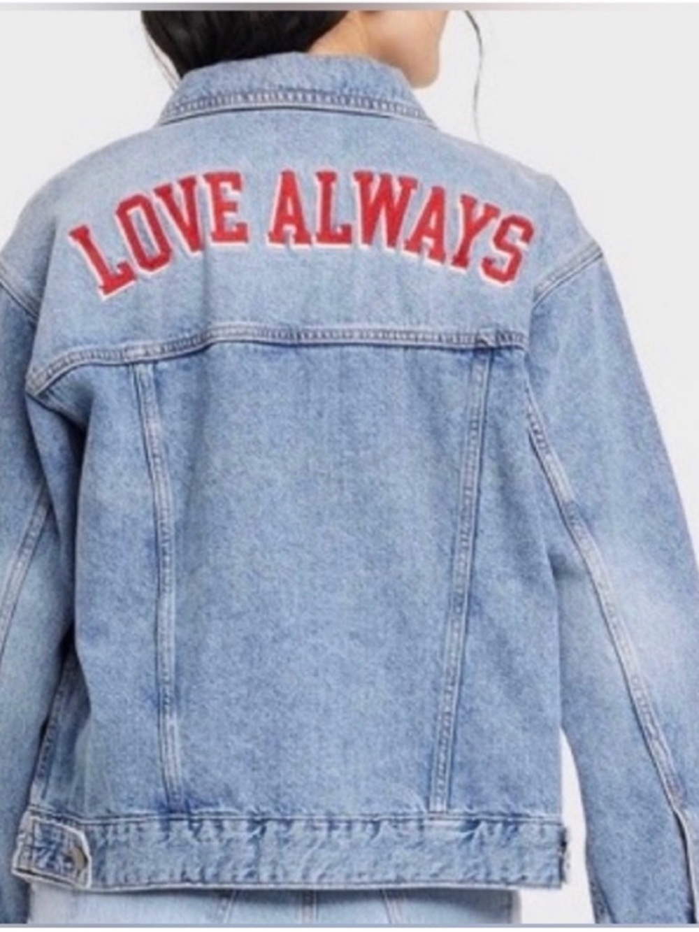 a new day Light Blue Denim Jacket with Red 'LOVE ALWAYS' Back Lettering